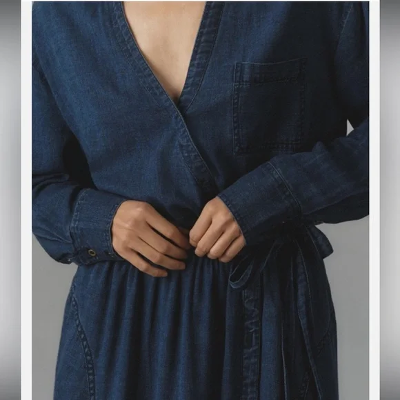 NWT Anthropologie Pilcro V-Neck Wrap Midi Denim cotton Dress Szxs western - Picture 2 of 16
